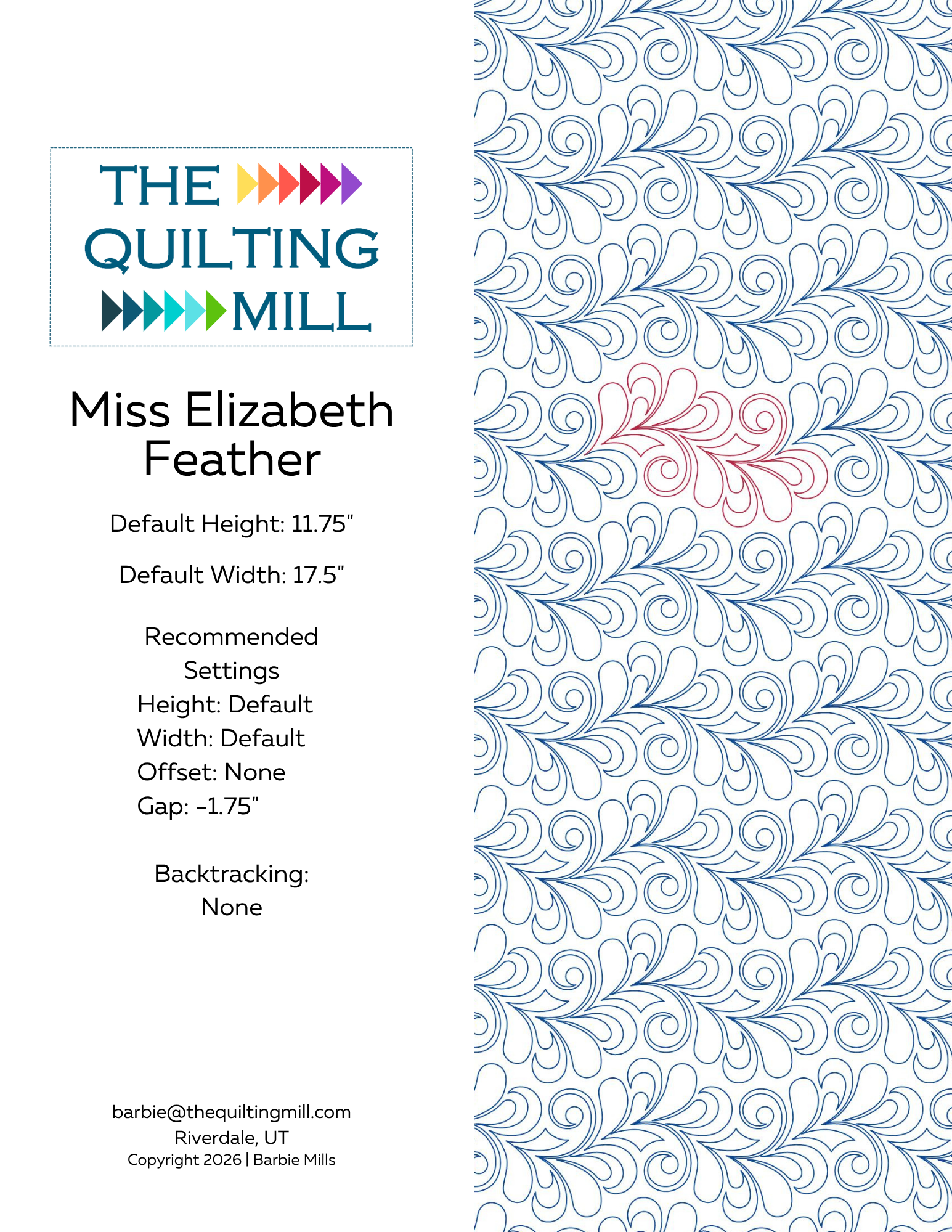 Miss Elizabeth Feather digital pantograph info sheet with pattern specifications and The Quilting Mill logo