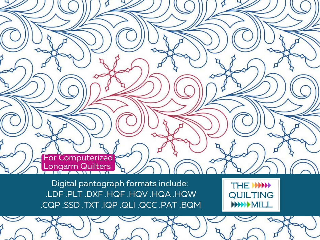 Miss Elizabeth Frost winter quilting pantograph pattern repeat with snowflakes and The Quilting Mill logo