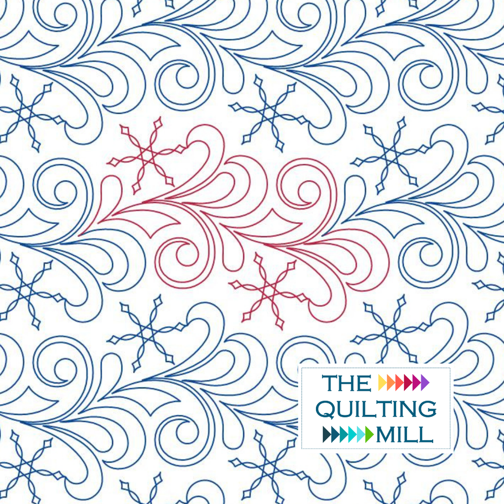 Miss Elizabeth Frost winter quilting pantograph pattern with feather curls, snowflakes, and The Quilting Mill logo