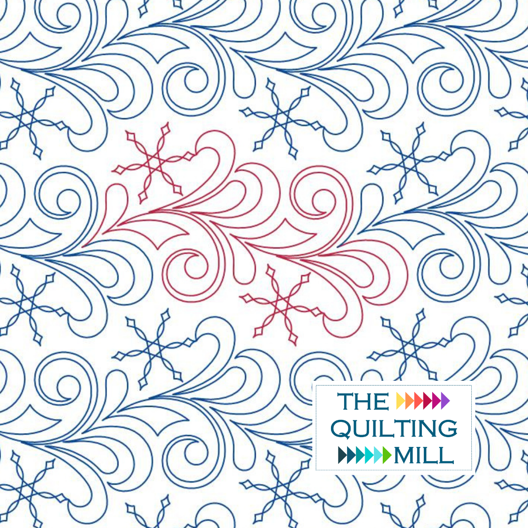 Miss Elizabeth Frost winter quilting pantograph pattern with feather curls, snowflakes, and The Quilting Mill logo