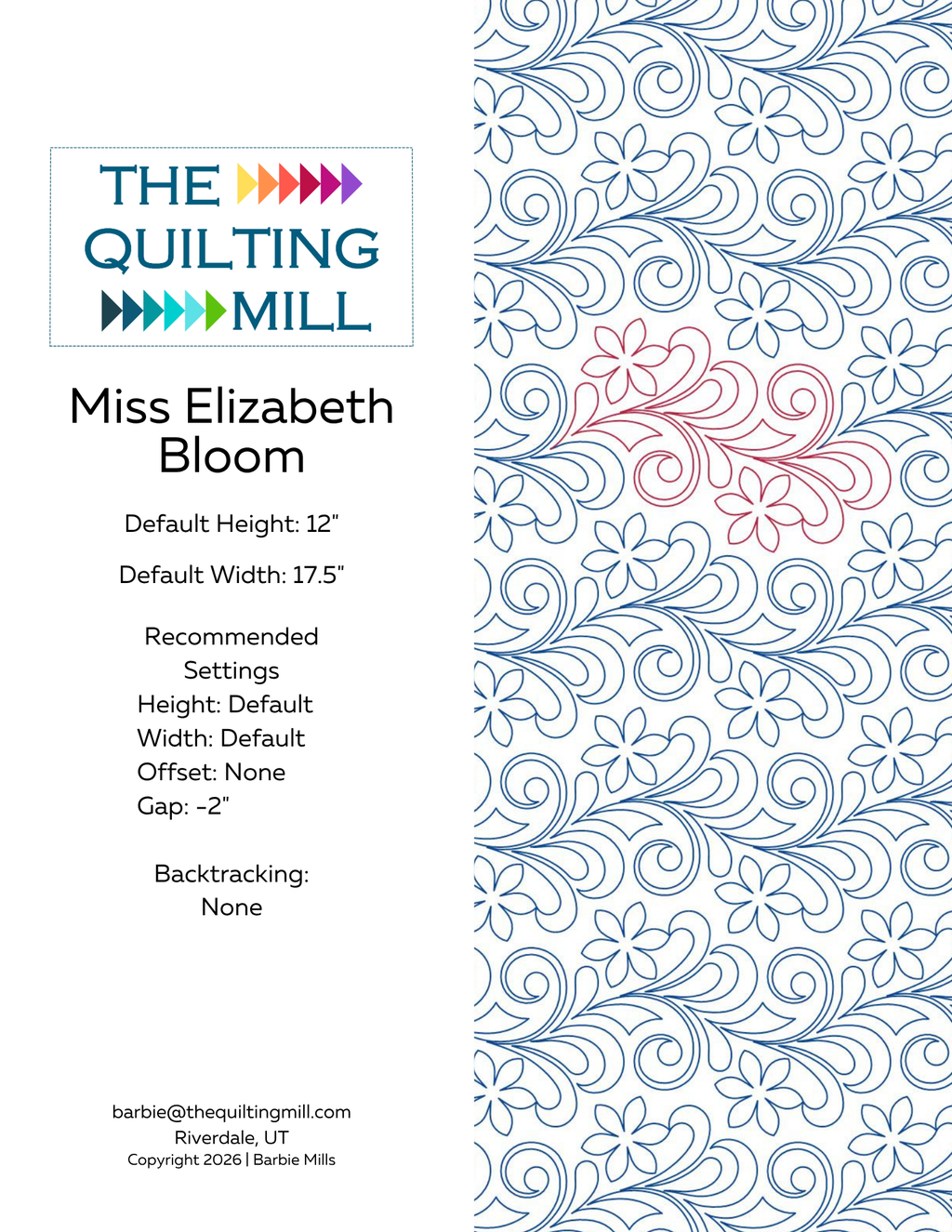 Miss Elizabeth Bloom digital pantograph pattern info sheet with product specifications and file format details
