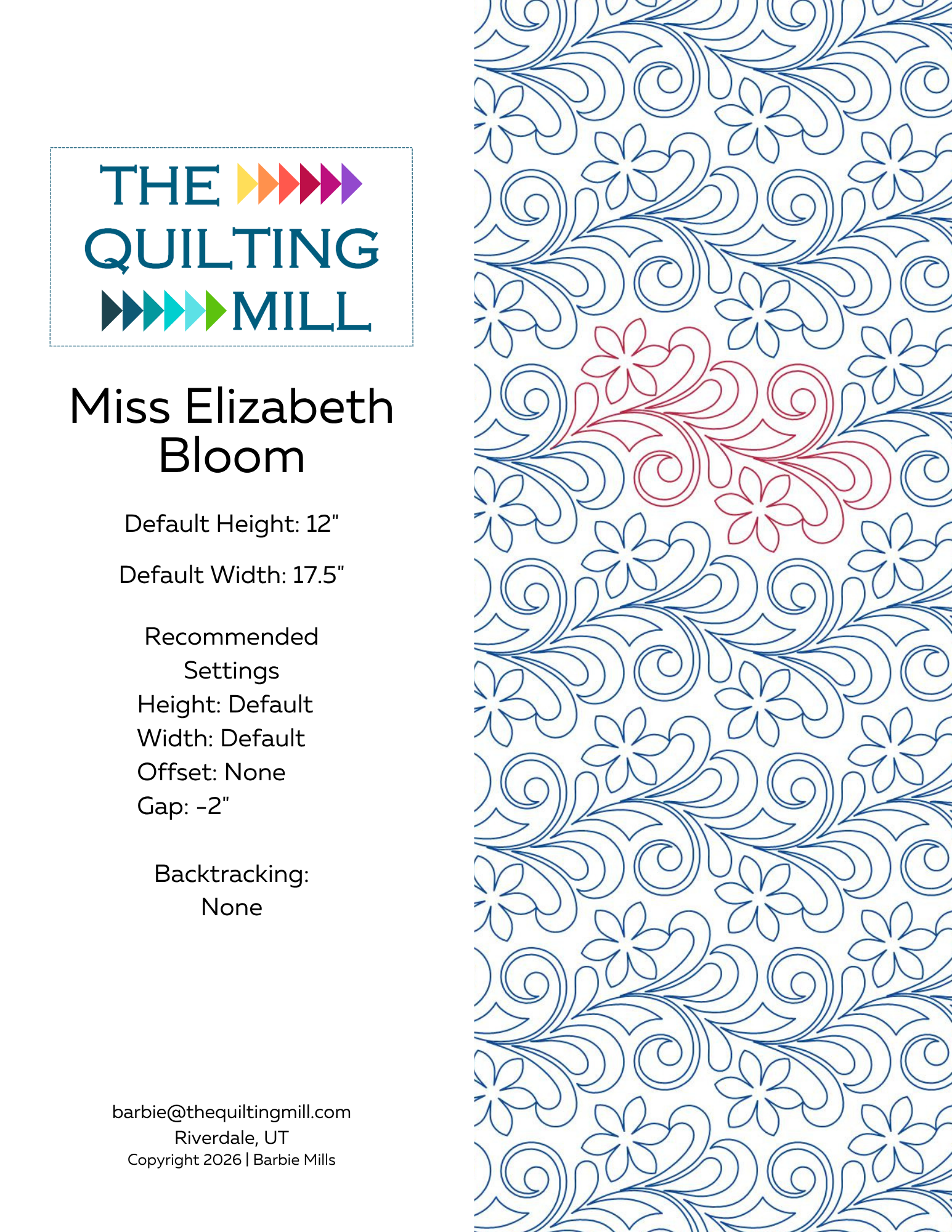 Miss Elizabeth Bloom digital pantograph pattern info sheet with product specifications and file format details
