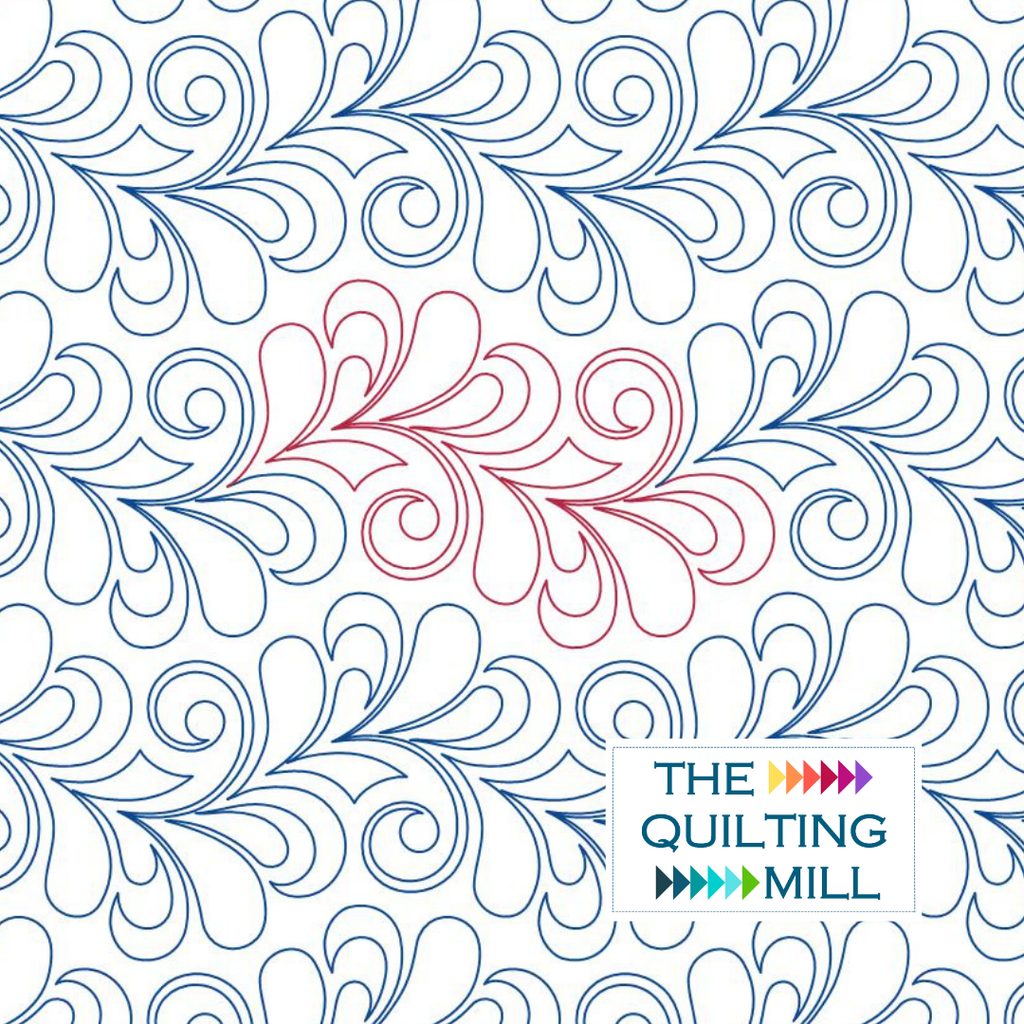 Miss Elizabeth Feather digital quilting pantograph pattern with soft feather curls and The Quilting Mill logo