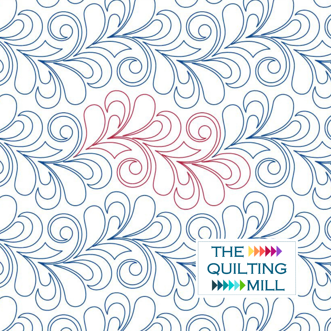 Miss Elizabeth Feather digital quilting pantograph pattern with soft feather curls and The Quilting Mill logo