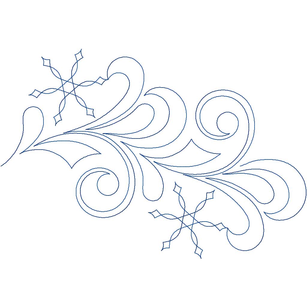 Close-up of Miss Elizabeth Frost quilting pantograph showing soft feather curls and snowflake detail