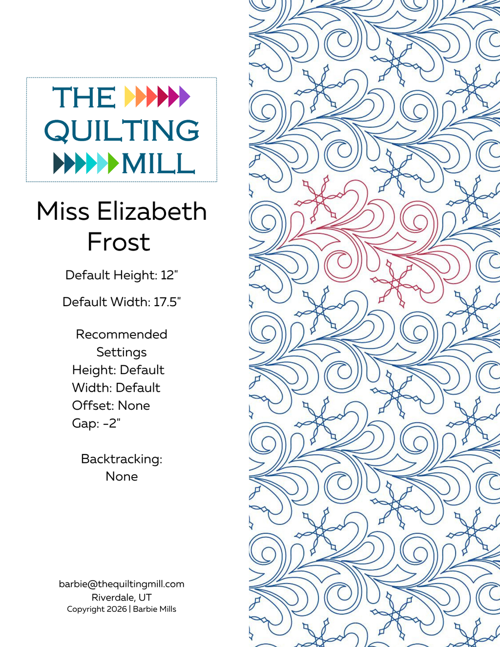Miss Elizabeth Frost digital pantograph info sheet with pattern specifications and The Quilting Mill logo