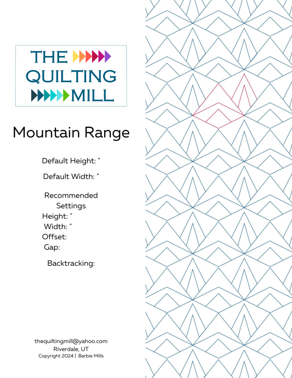 Mountain Range triangle pantograph pattern product info sheet with specifications for digital pantograph longarm quilting machines