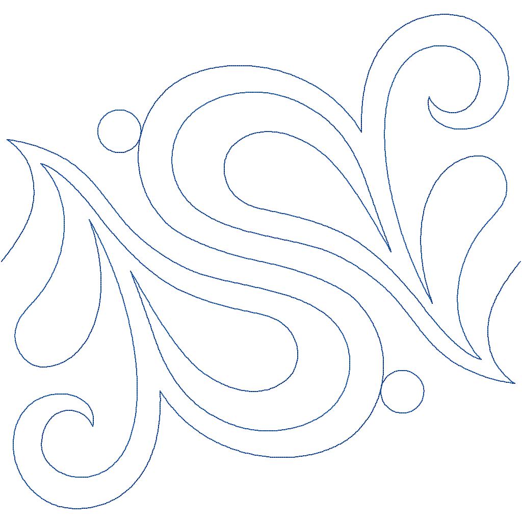 Close-up of the Muse swirl quilting pantograph — a scrollwork quilting pantograph with intricate teardrop plumes, swirling curves, and delicate dot accents that highlight the elegant detail and fluid movement of this paisley longarm quilting pattern.
