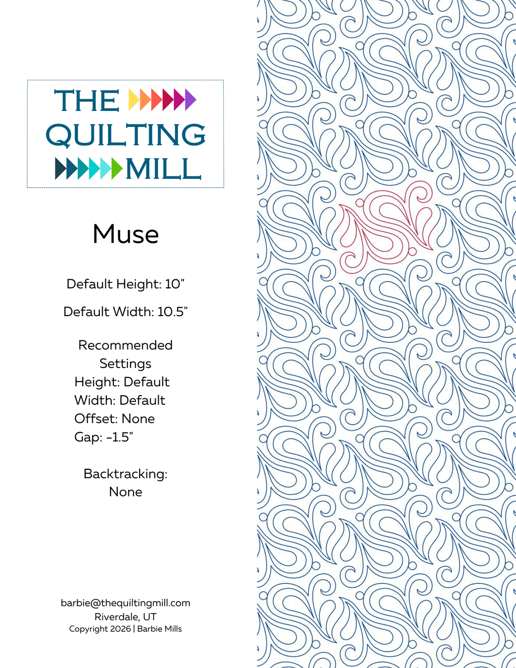 Muse swirl quilting pantograph info sheet by The Quilting Mill — details on this elegant paisley quilting pantograph including file formats, design specs, and compatibility with digital pantographs for longarm quilting systems.