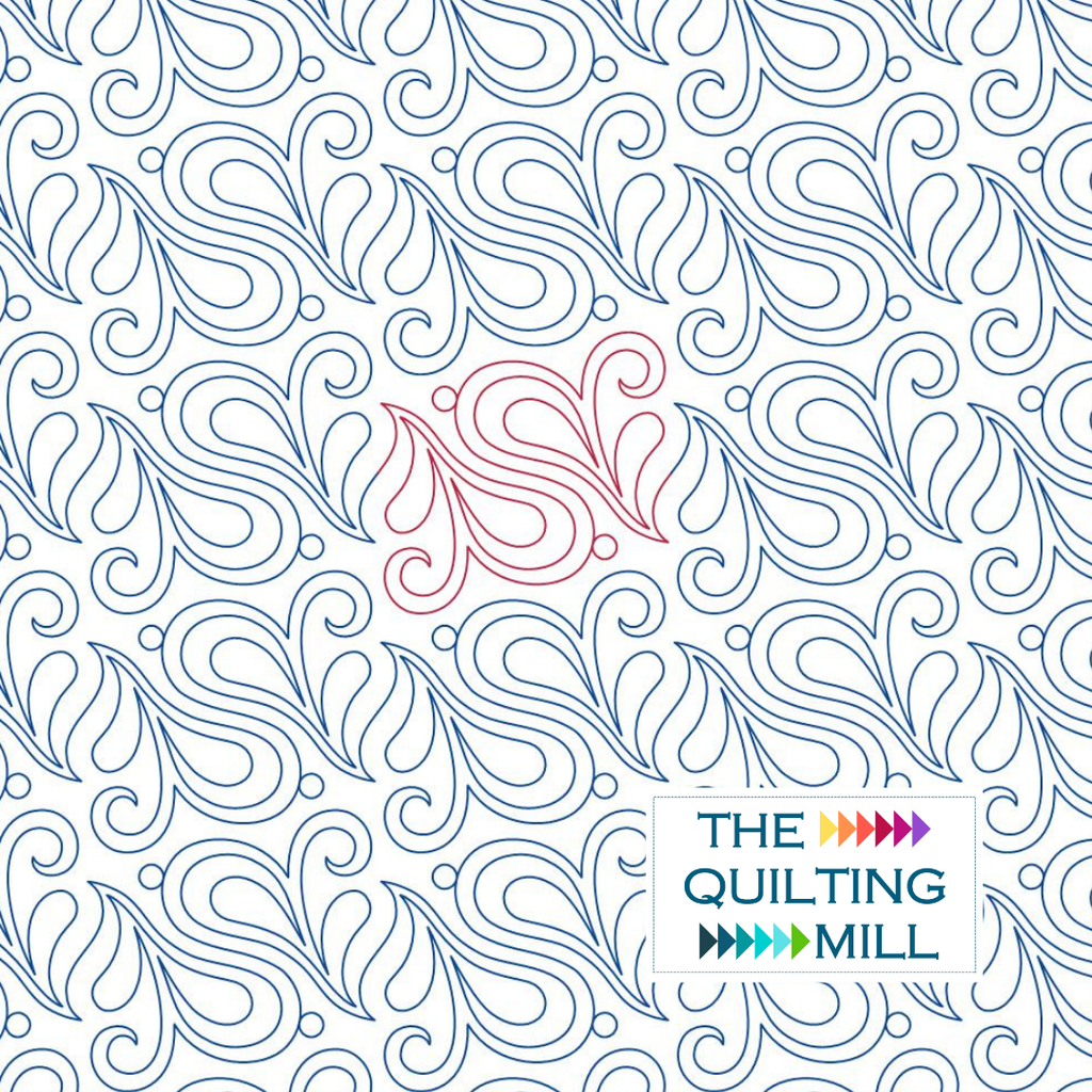 Muse swirl quilting pantograph hero image by The Quilting Mill — a digital longarm design with flowing paisley-inspired S-curves, feathery teardrop plumes, and elegant swirling scrollwork across a white quilt surface.