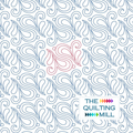 Muse swirl quilting pantograph hero image by The Quilting Mill — a digital longarm design with flowing paisley-inspired S-curves, feathery teardrop plumes, and elegant swirling scrollwork across a white quilt surface.