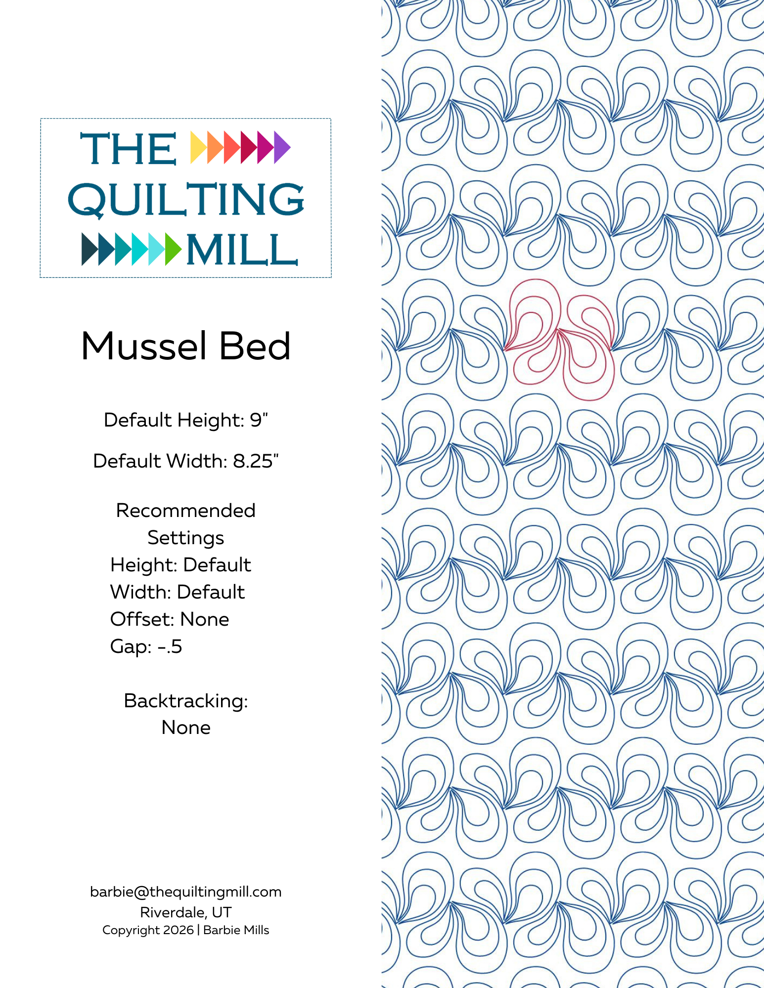 Technical settings and specifications for the Mussel Bed coastal quilt pattern longarm file.