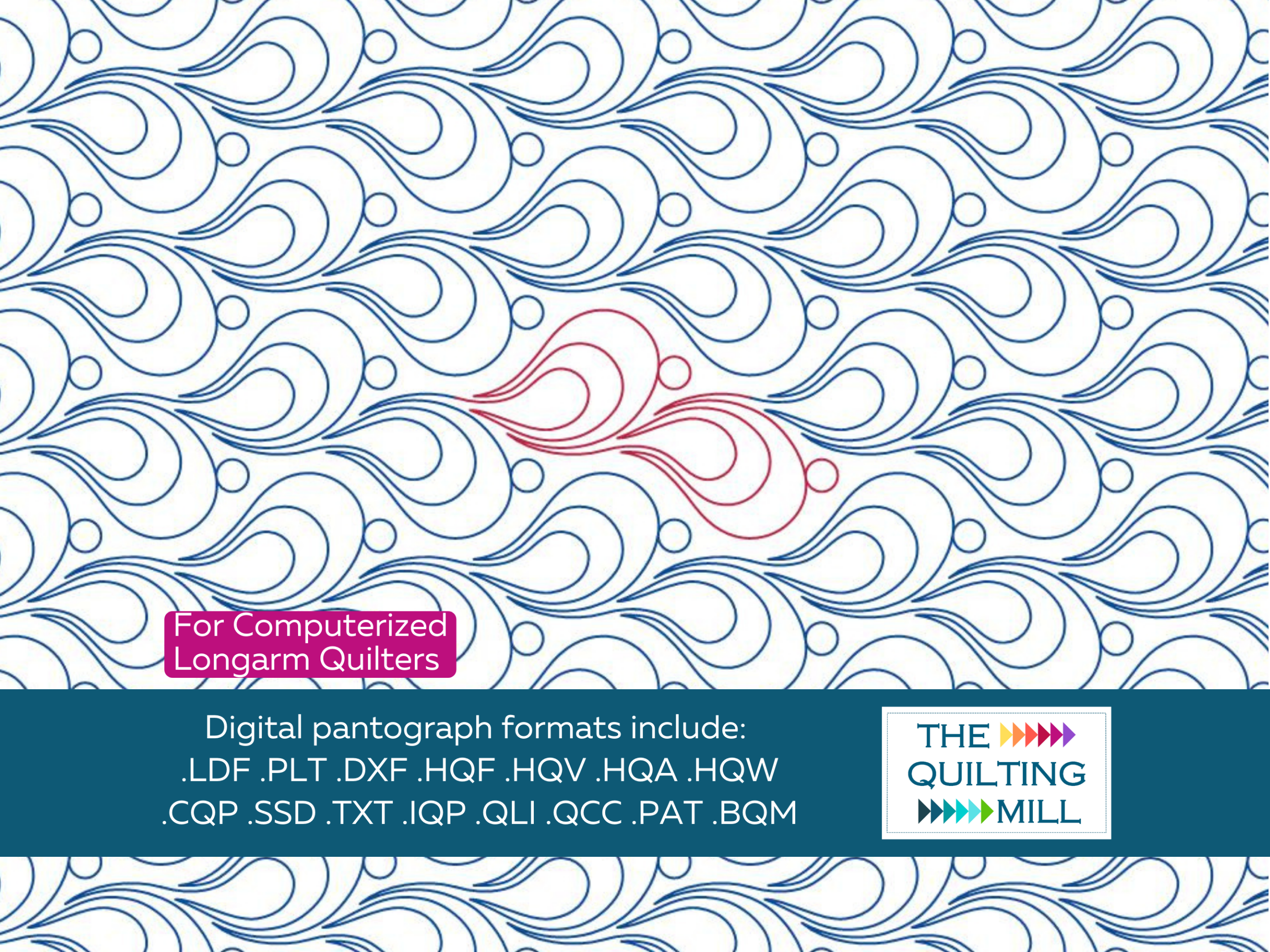 Mussels longarm pantograph design by The Quilting Mill — ocean-inspired digital quilting pantograph with shell teardrop curves for coastal quilt projects