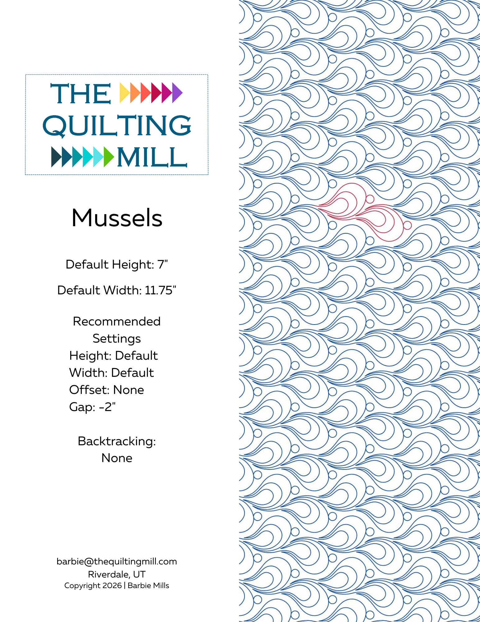 Mussels digital longarm pantograph design product info sheet showing file formats specs and recommended settings for longarm quilting machines