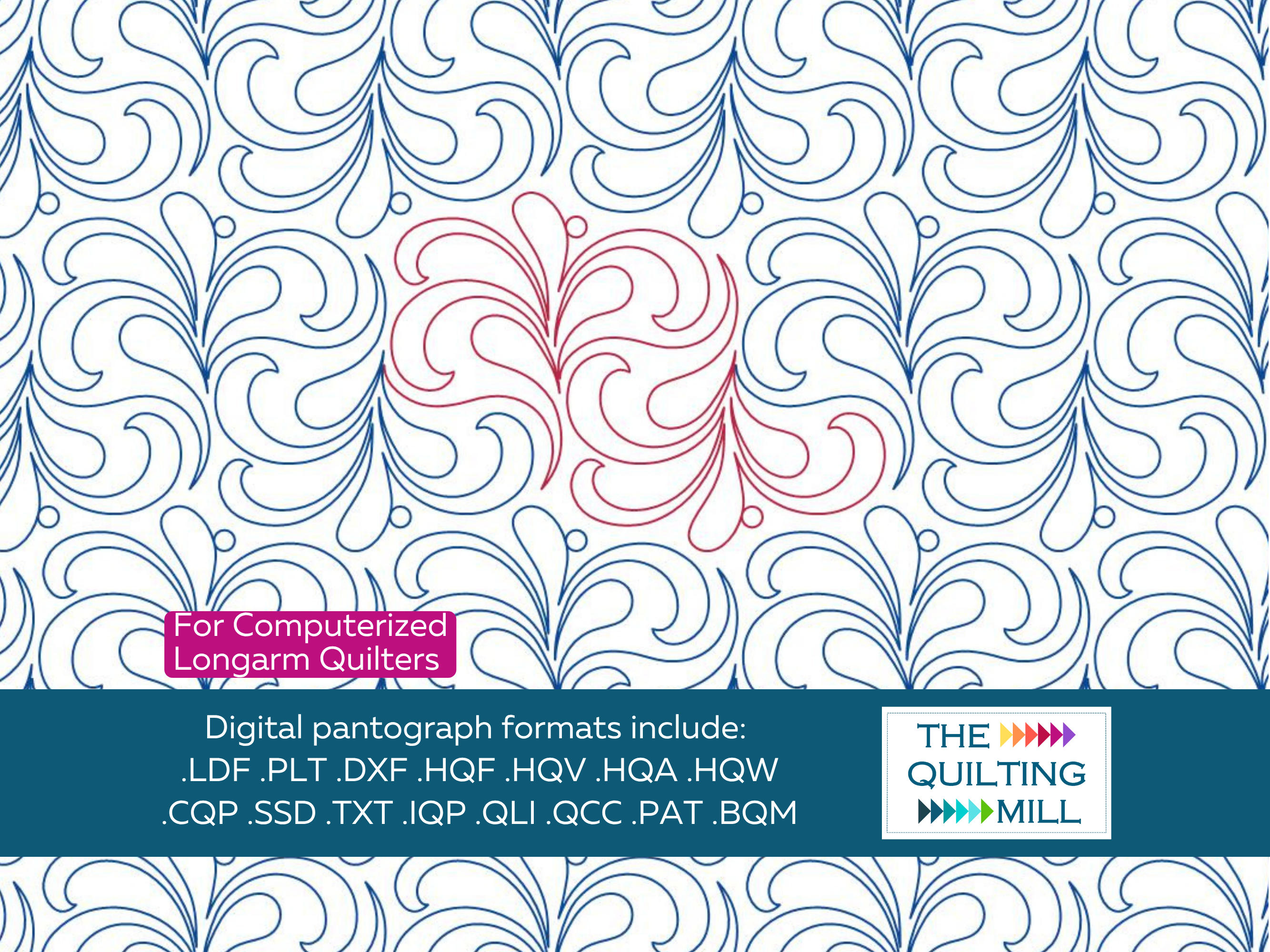 Netherfield feather quilting pantograph pattern repeat with The Quilting Mill logo