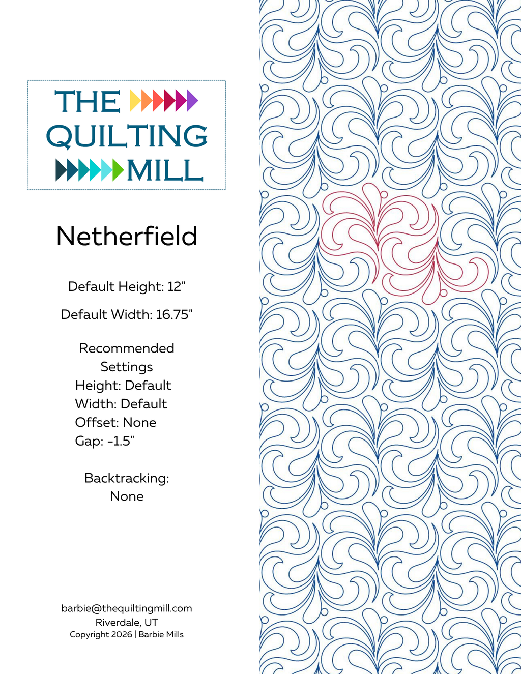 Netherfield digital pantograph info sheet with pattern specifications and The Quilting Mill logo