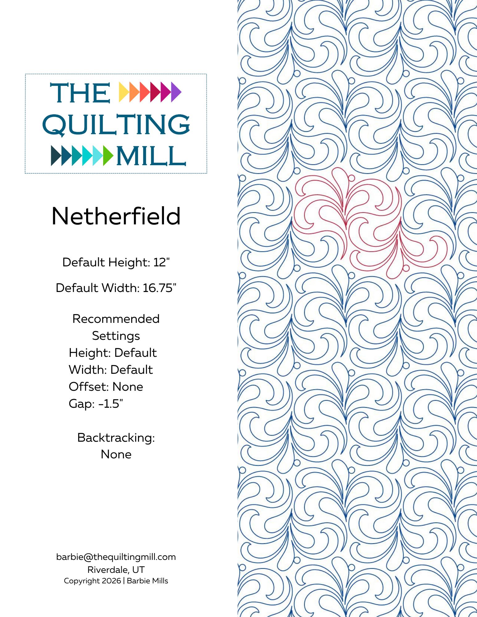 Netherfield digital pantograph info sheet with pattern specifications and The Quilting Mill logo