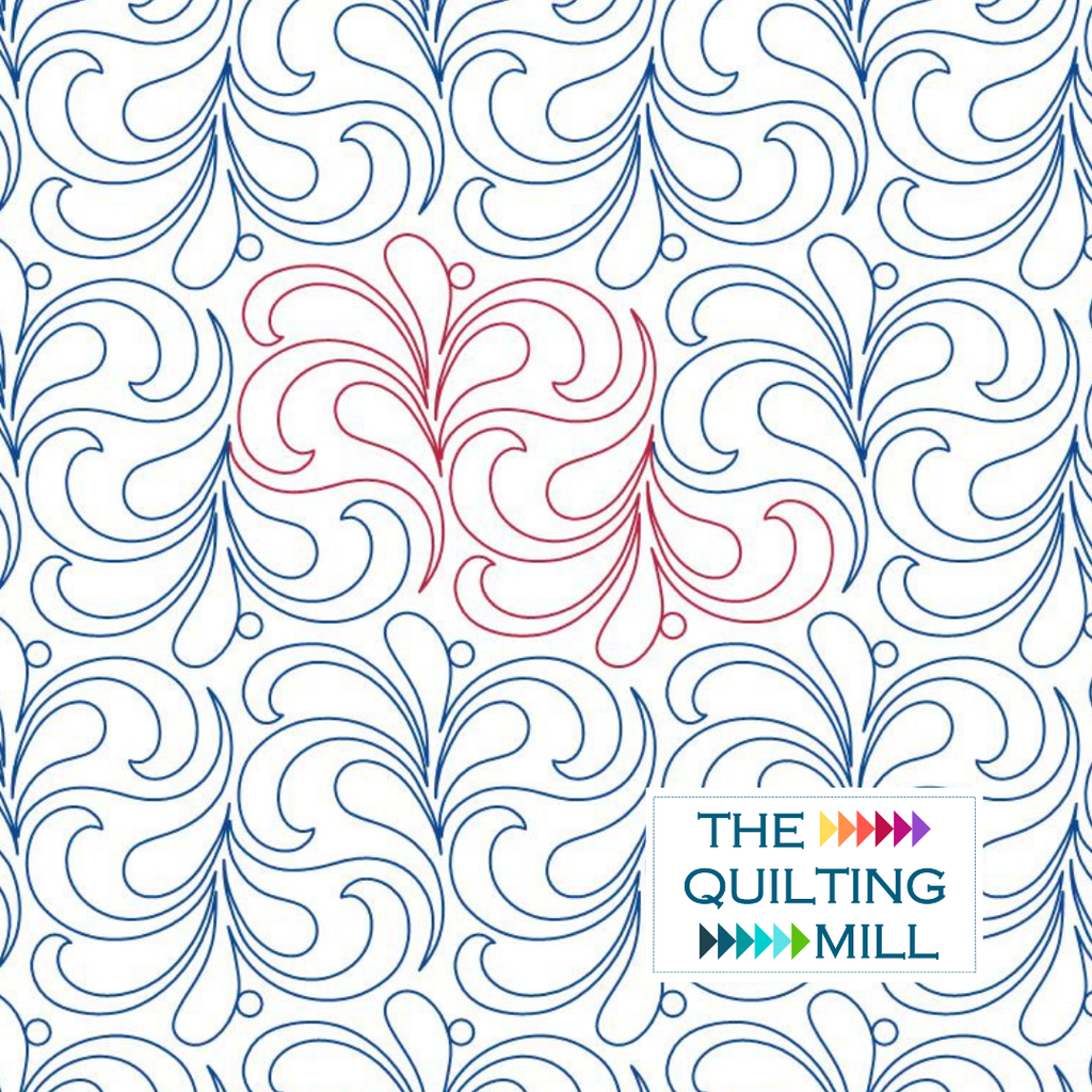 Netherfield digital feather pantograph pattern with soft sweeping curls and The Quilting Mill logo