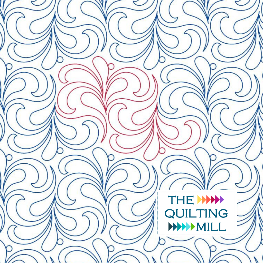 Netherfield digital feather pantograph pattern with soft sweeping curls and The Quilting Mill logo