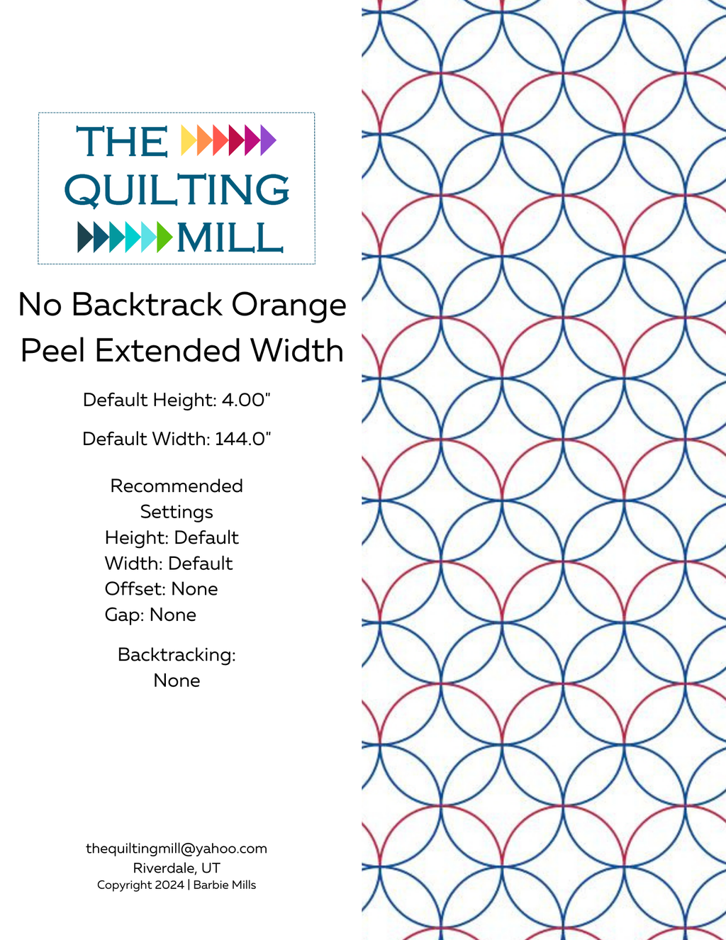 No Backtrack Orange Peel modern circle quilt design product info sheet with extended width specs file formats and recommended settings for longarm quilting