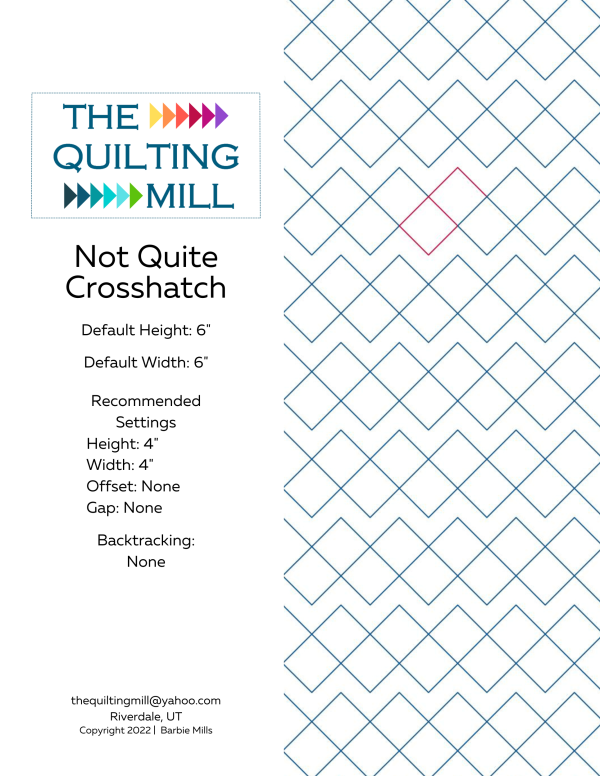 Not Quite Crosshatch simple diamond pantograph product info sheet – diamond grid longarm quilting design specs and file formats