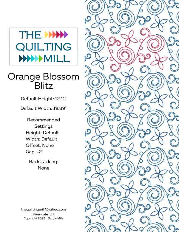 Orange Blossom Blitz fun digital longarm design product info sheet showing 12x19.89 inch specs, no offset, and supported longarm quilting file formats