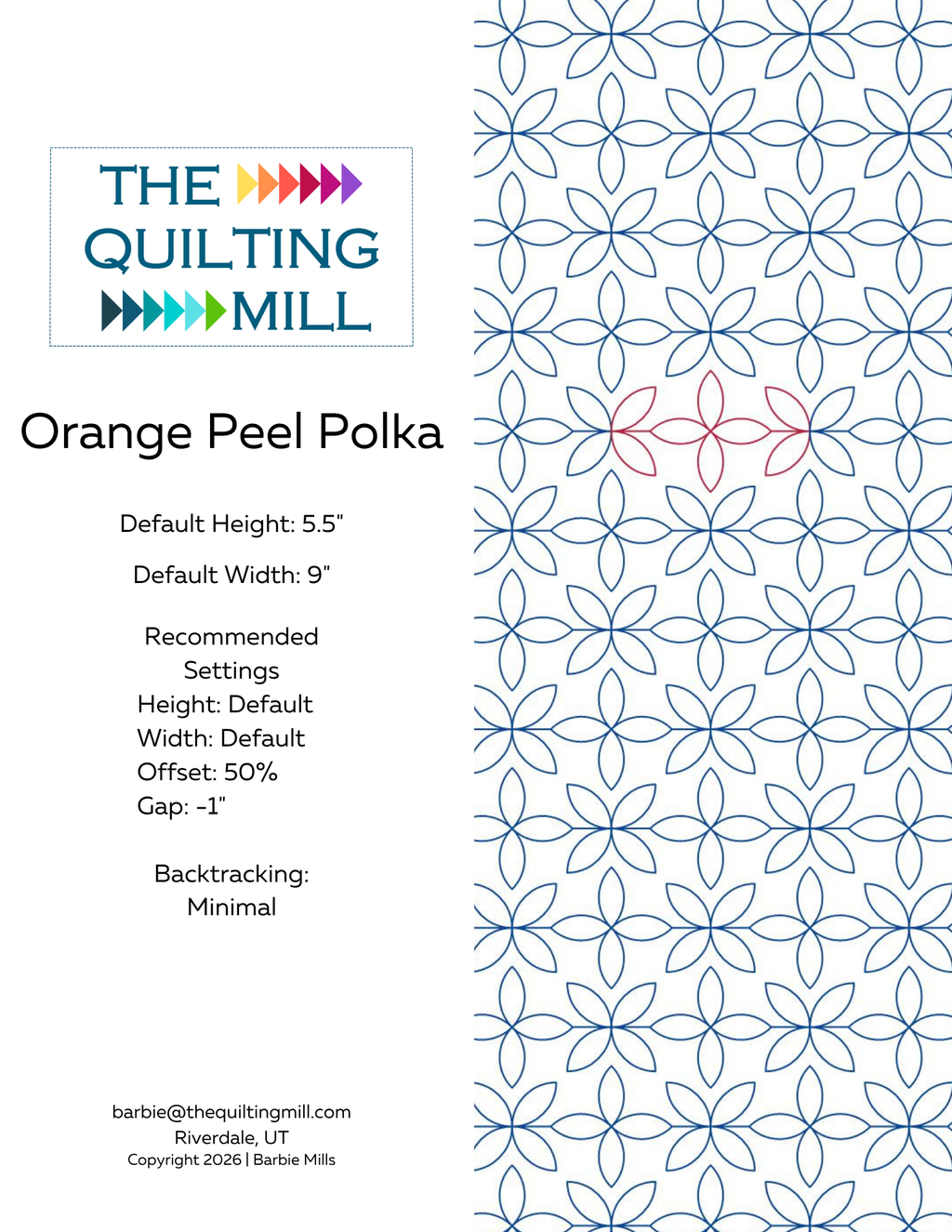 Orange Peel Polka petal quilting pantograph info sheet showing design specs, sizing details, and the repeating digital orange peel pantograph layout for longarm quilting machines.