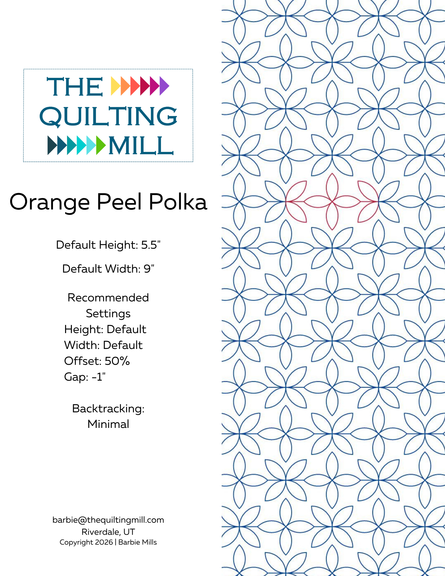 Orange Peel Polka petal quilting pantograph info sheet showing design specs, sizing details, and the repeating digital orange peel pantograph layout for longarm quilting machines.