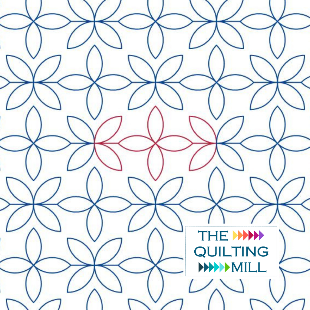 Orange Peel Polka petal quilting pantograph hero image showing a fresh floral geometric quilting pantograph design of interlocking curved petal shapes with The Quilting Mill logo.