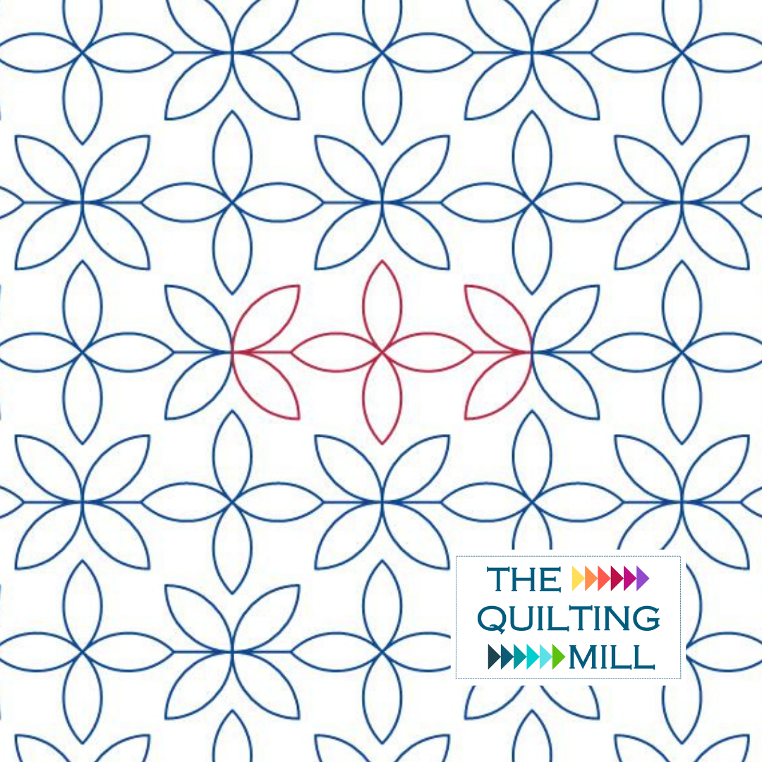 Orange Peel Polka petal quilting pantograph hero image showing a fresh floral geometric quilting pantograph design of interlocking curved petal shapes with The Quilting Mill logo.
