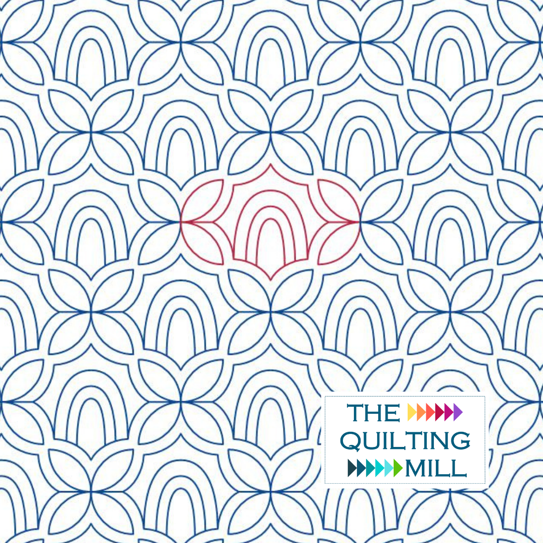 Orange Peels and Rainbows kids quilt pantograph hero image featuring The Quilting Mill logo alongside interlocking orange peel curves and rainbow arches.