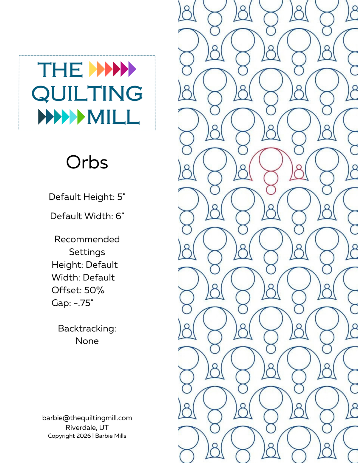 Orbs digital pantograph info sheet showing 5 inch height, 6 inch width, 50% offset, -0.75 inch gap, and no backtracking
