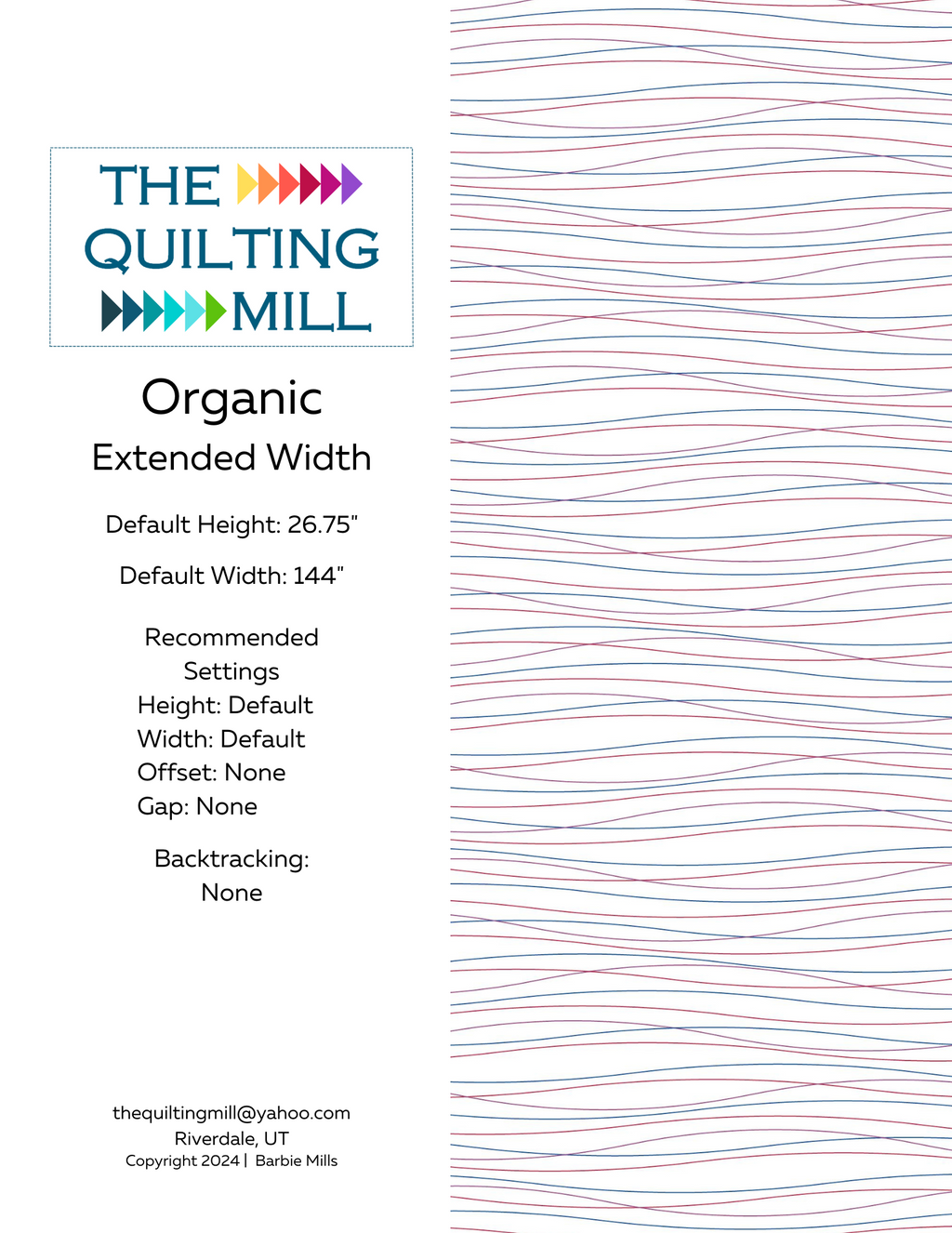 Organic Petite extended width digital quilting design info sheet – specs including throat size, stitch direction options, and format details