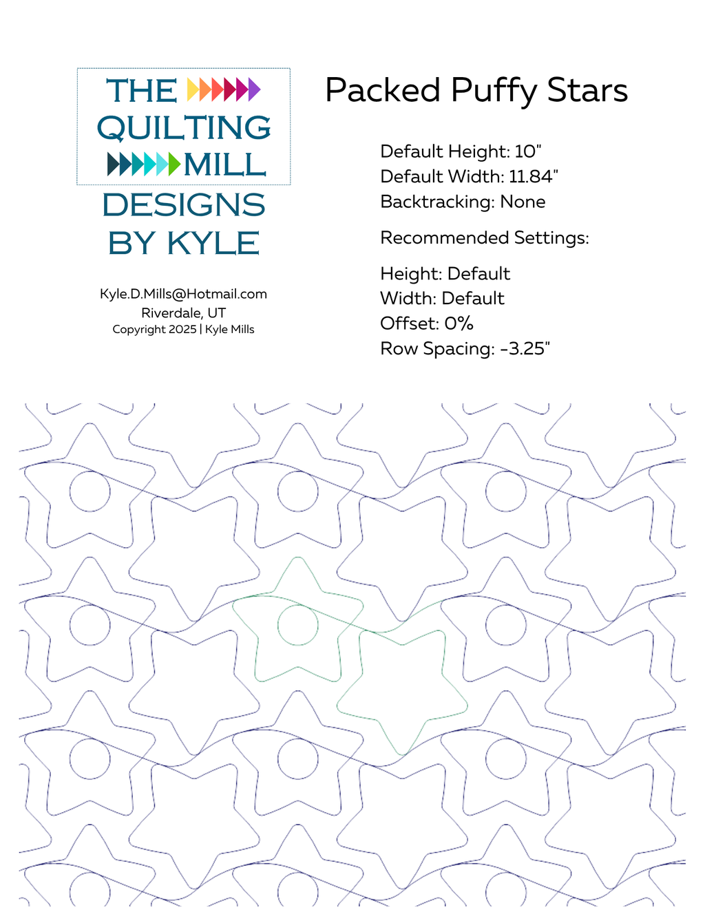 Packed Puffy Stars digital pantograph info sheet showing default height, width, offset, and recommended row spacing settings
