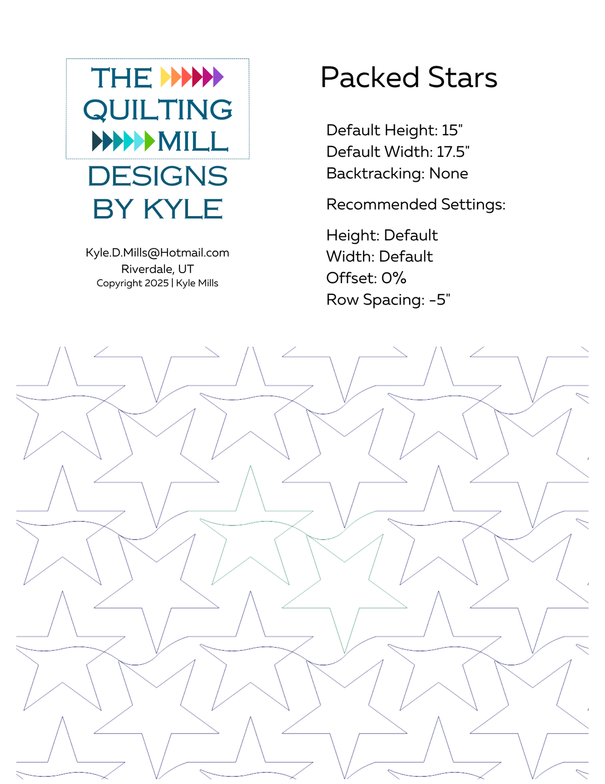 Packed Stars digital pantograph info sheet showing default height, width, offset, and recommended row spacing settings