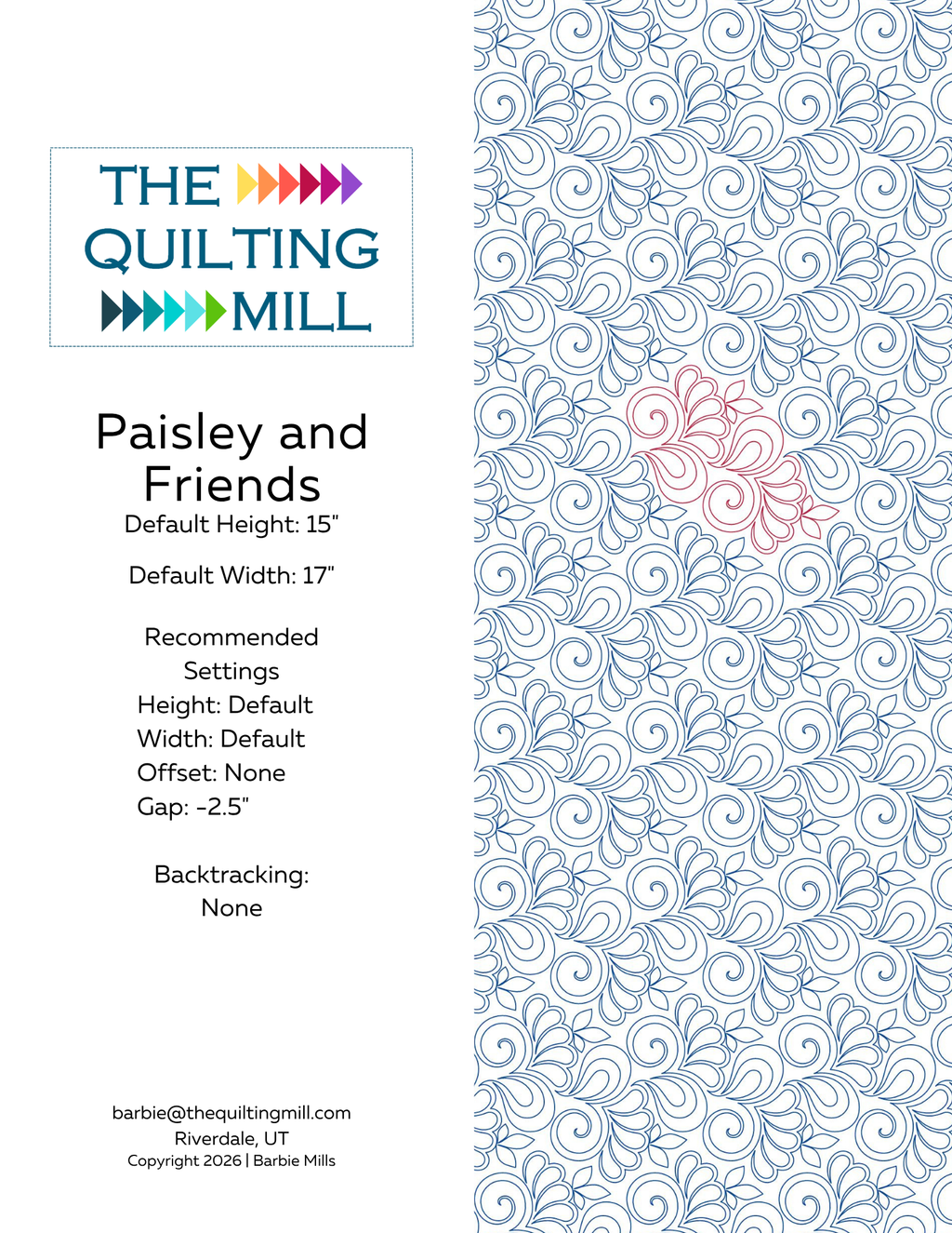 Paisley and Friends quilting pantograph info sheet showing 15 inch height, 17 inch width, and no backtracking