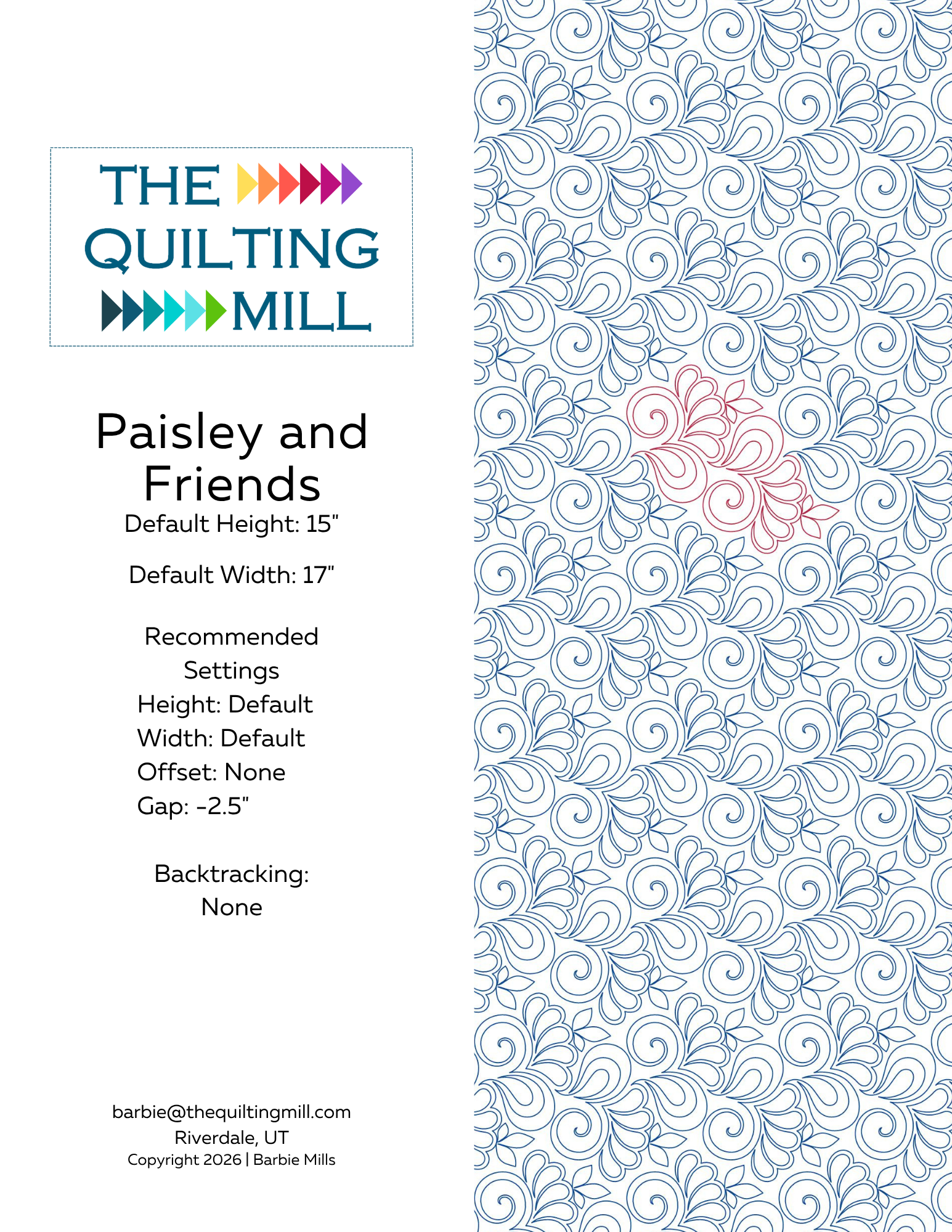 Paisley and Friends quilting pantograph info sheet showing 15 inch height, 17 inch width, and no backtracking