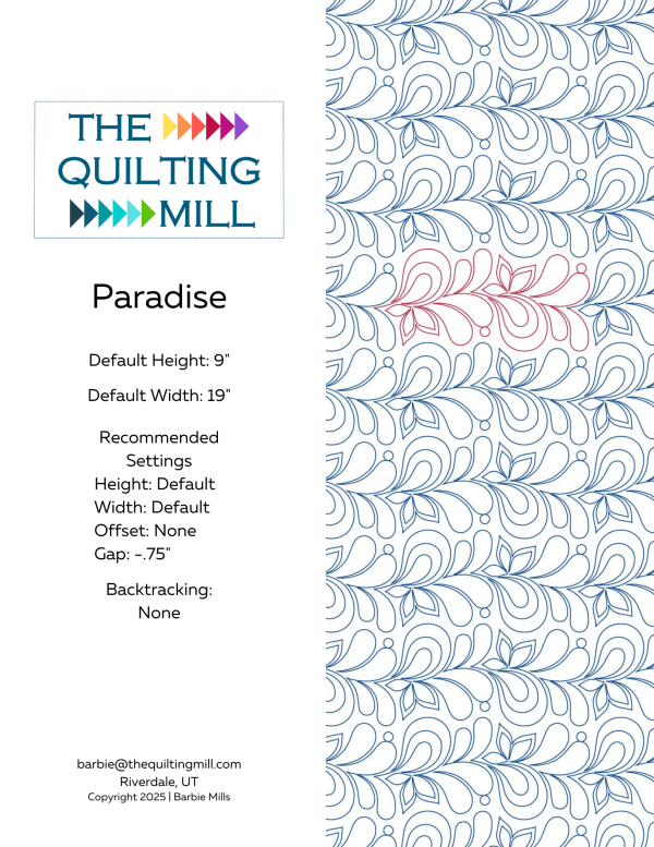 Paradise leaf quilting pantograph info sheet – specs and settings for digital pantographs for longarm quilting machines