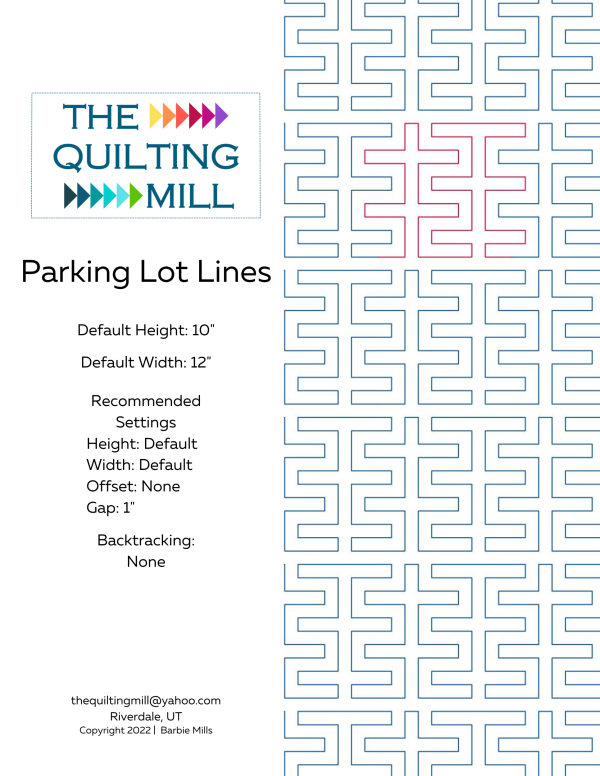 Parking Lot Lines maze quilting pantograph info sheet with file formats and specifications for digital pantographs and longarm quilting machines