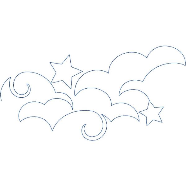 Close-up of Partly Cloudy digital cloud and star pantograph showing detailed swirling cloud curves and twinkling star repeats for longarm quilting