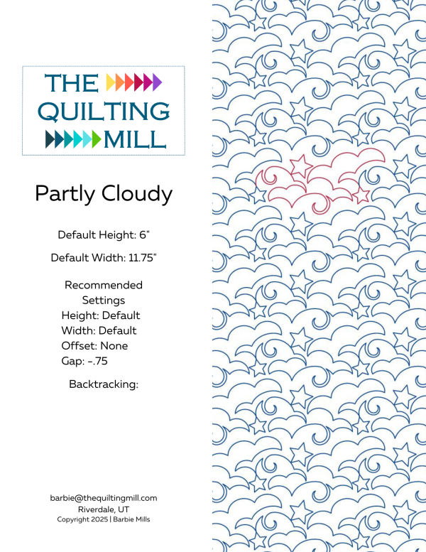 Partly Cloudy digital cloud and star quilting pantograph product info sheet with file formats specs and recommended settings for longarm machines