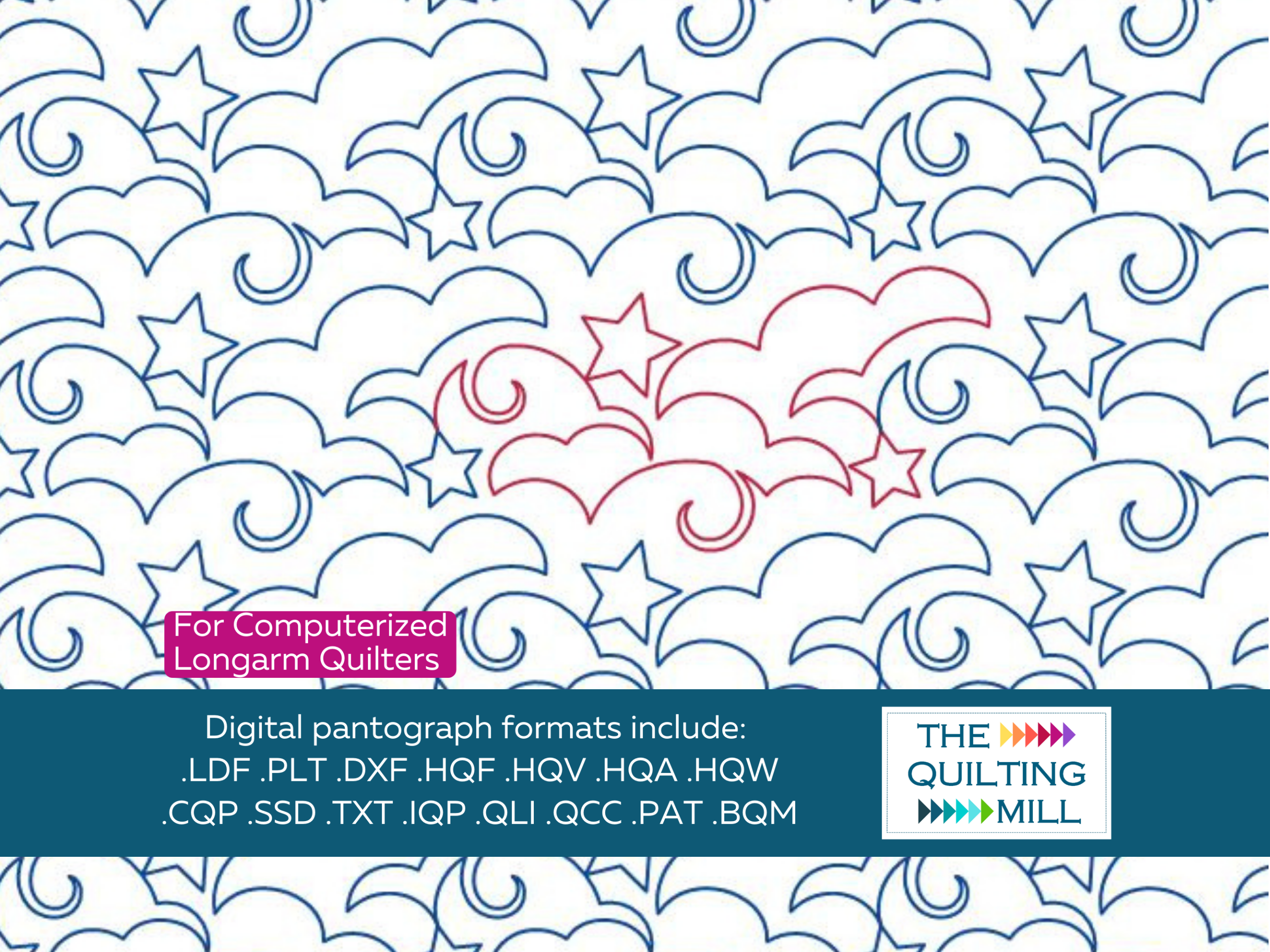 Partly Cloudy cloud and star quilting pantograph by The Quilting Mill — whimsical night sky digital longarm design for edge-to-edge machine quilting
