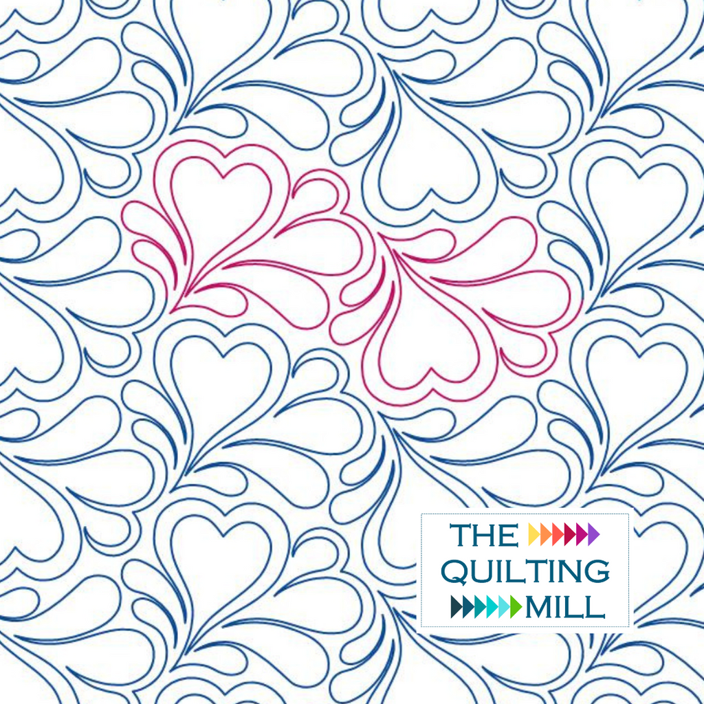 Passionate Plumes feather digital pantograph pattern with heart-shaped plumes for longarm quilting