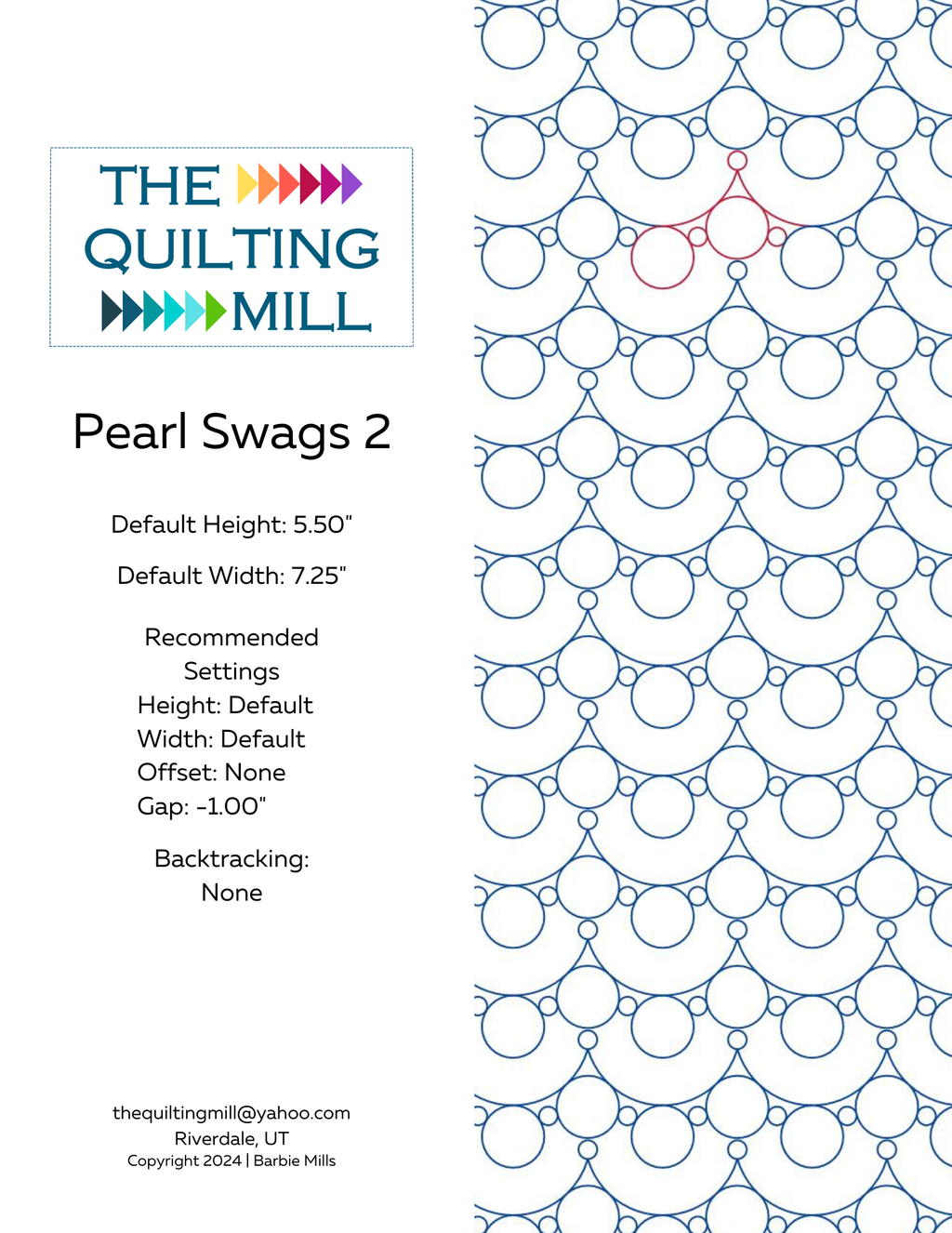 Pearl Swags 2 pantograph info sheet with default height, width, gap, and backtracking settings for longarm quilting software