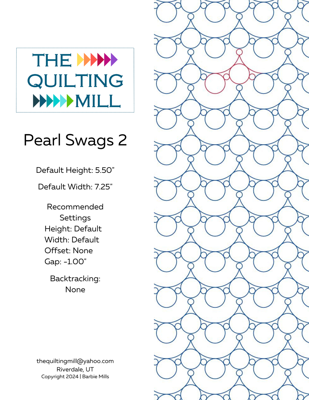 Pearl Swags 2 pantograph info sheet with default height, width, gap, and backtracking settings for longarm quilting software