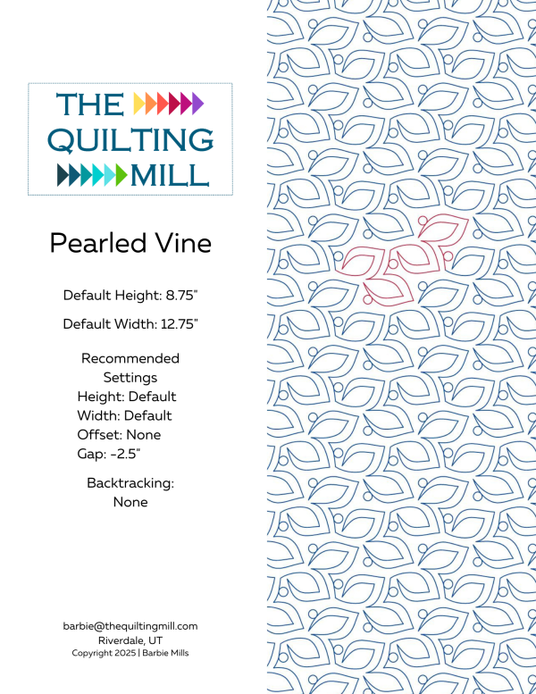 Pearled Vine botanical pantograph info sheet – specs and settings for digital botanical pantographs for longarm quilting machines