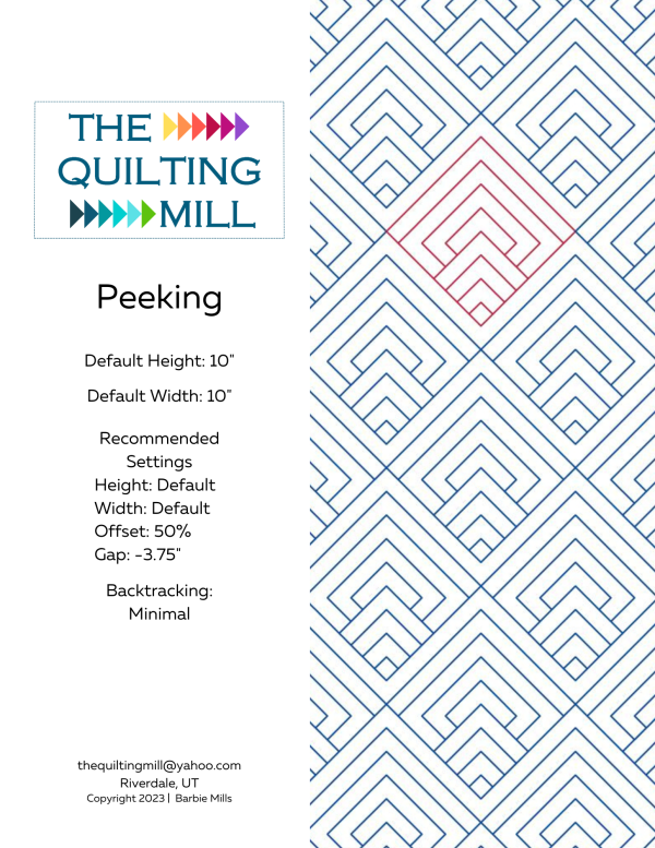 Peeking modern quilting pantograph info sheet with file formats and specifications for digital pantographs and longarm quilting machines