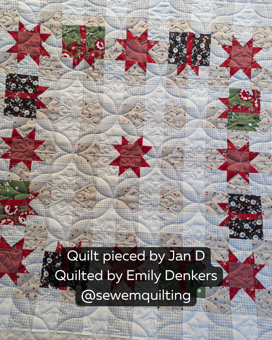 Peeling Snowflakes quilting pantograph displayed on a festive star quilt with elegant snowflake patterns and seasonal details