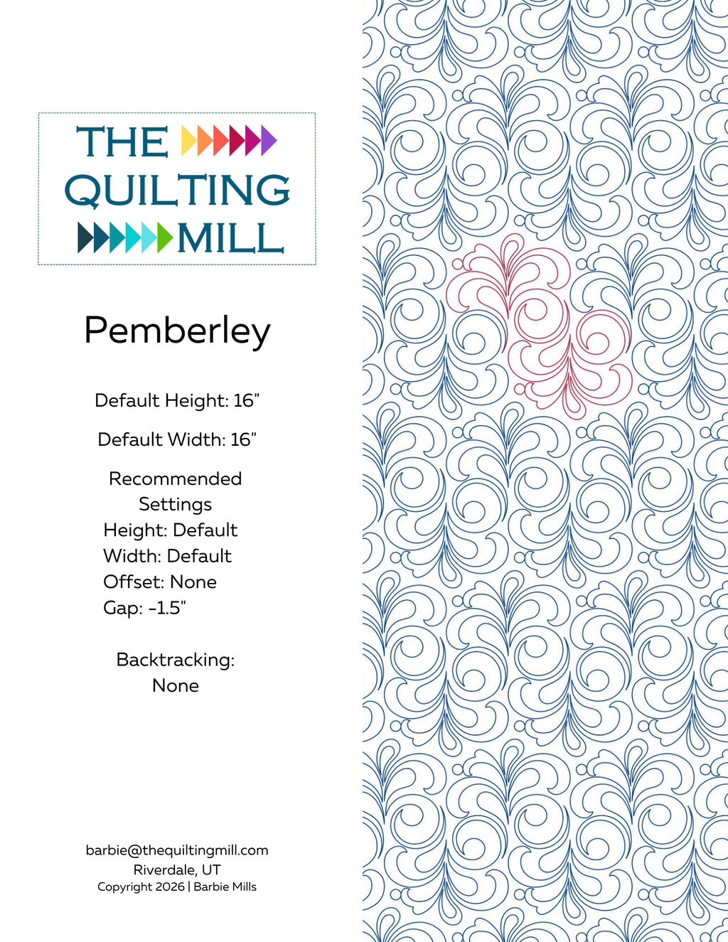 Pemberley digital pantograph info sheet with pattern specifications and The Quilting Mill logo