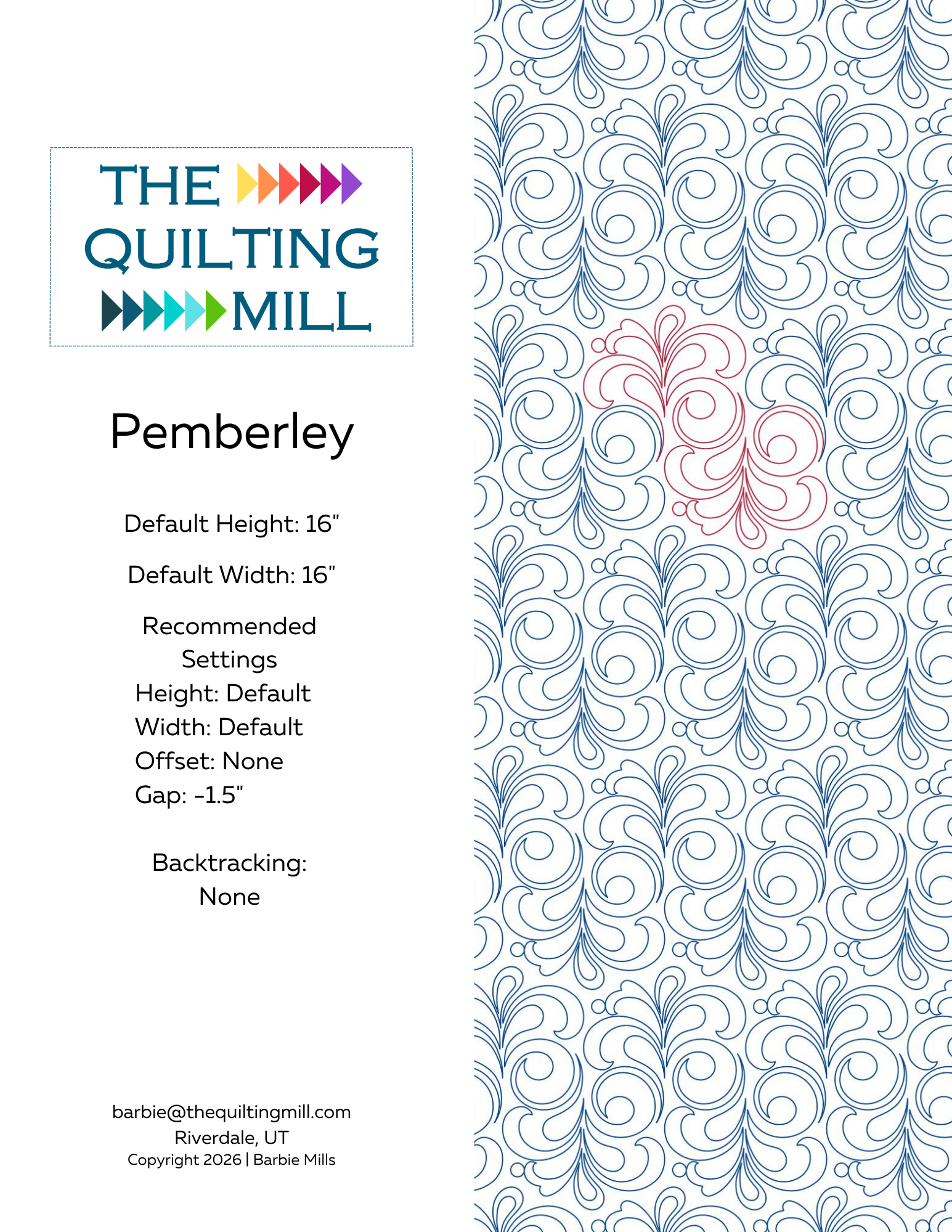 Pemberley digital pantograph info sheet with pattern specifications and The Quilting Mill logo